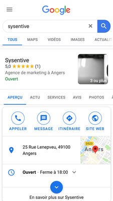 Capture d'écran mobile de la fiche Google My Business de Sysentive