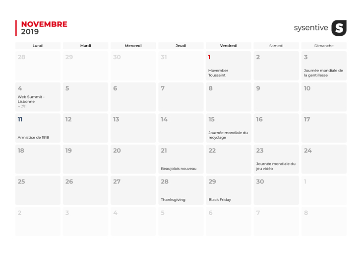 Le mois de novembre du Calendrier Marketing 2019 de Sysentive.