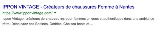 Capture d'écran d'une recherche google "chaussures angers" présentant le title et la meta description d'une boutique de chaussures